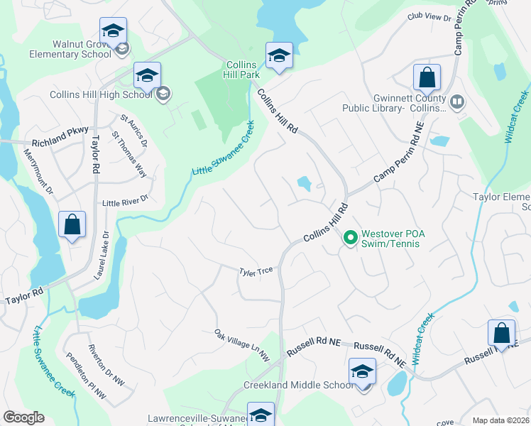 map of restaurants, bars, coffee shops, grocery stores, and more near 1971 Wildcat Cliffs Lane in Lawrenceville