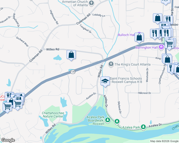 map of restaurants, bars, coffee shops, grocery stores, and more near 450 Marietta Highway in Roswell