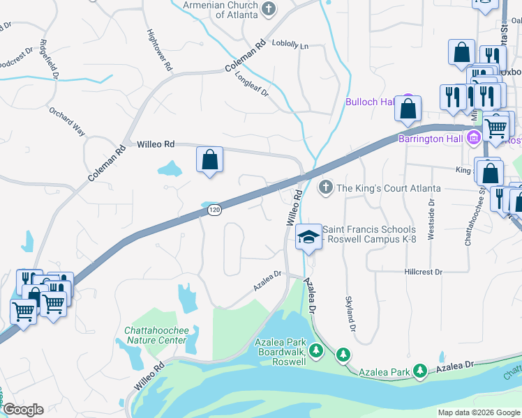 map of restaurants, bars, coffee shops, grocery stores, and more near 450 Marietta Highway in Roswell