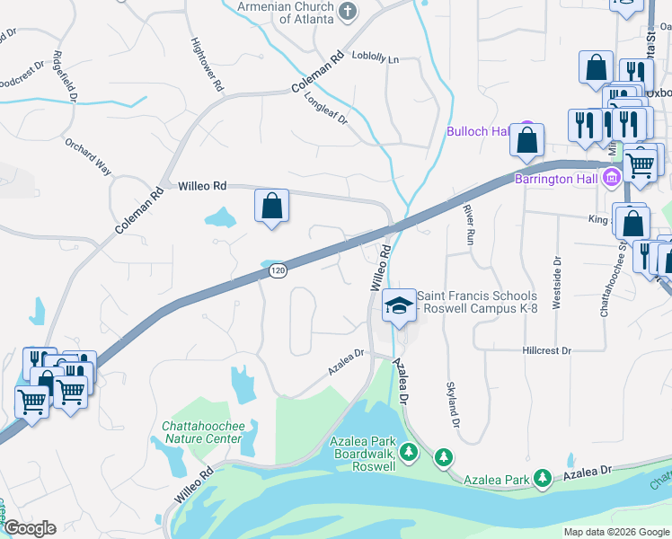map of restaurants, bars, coffee shops, grocery stores, and more near 450 Marietta Highway in Roswell