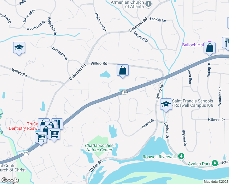 map of restaurants, bars, coffee shops, grocery stores, and more near 105 Inverness Approach in Roswell