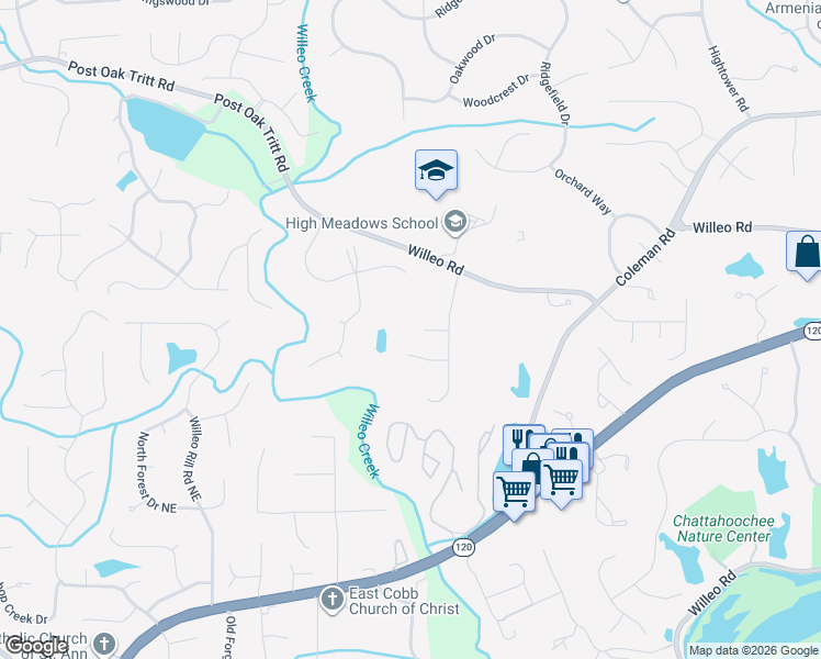 map of restaurants, bars, coffee shops, grocery stores, and more near 3040 Bloxley Court in Roswell