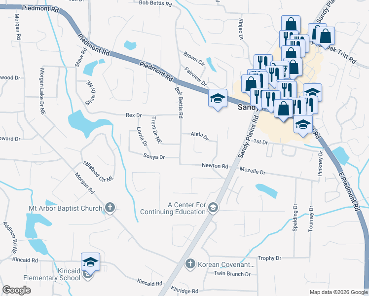 map of restaurants, bars, coffee shops, grocery stores, and more near 2420 Bob Bettis Road in Marietta