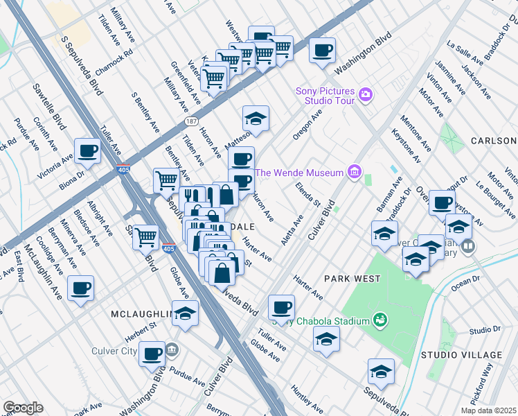 map of restaurants, bars, coffee shops, grocery stores, and more near Huron Avenue in Culver City