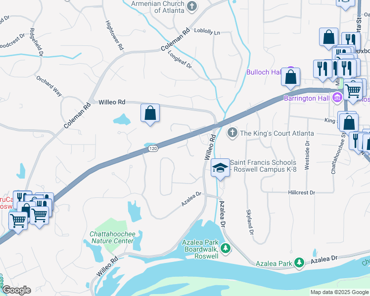 map of restaurants, bars, coffee shops, grocery stores, and more near 450 Marietta Highway in Roswell