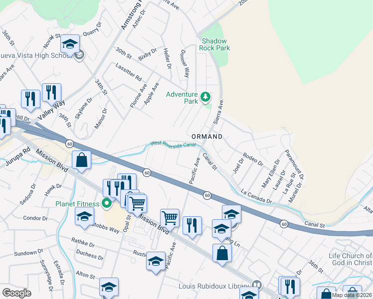 map of restaurants, bars, coffee shops, grocery stores, and more near 3485 Pacific Avenue in Riverside