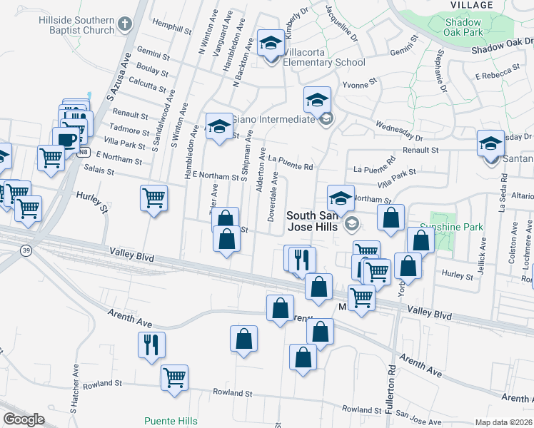 map of restaurants, bars, coffee shops, grocery stores, and more near 545 Doverdale Avenue in La Puente