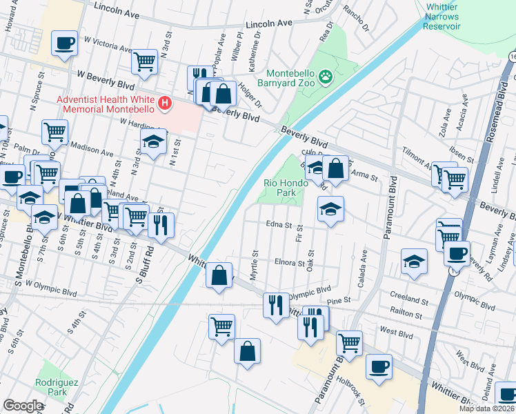 map of restaurants, bars, coffee shops, grocery stores, and more near 8231 Edna Street in Pico Rivera