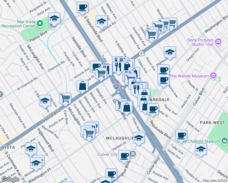 map of restaurants, bars, coffee shops, grocery stores, and more near 3919 Globe Avenue in Culver City