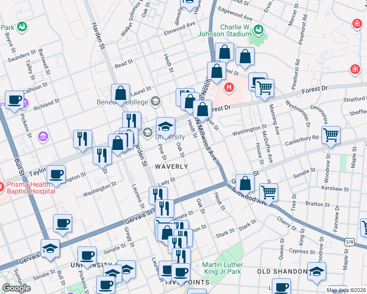 map of restaurants, bars, coffee shops, grocery stores, and more near 2320 Washington Street in Columbia
