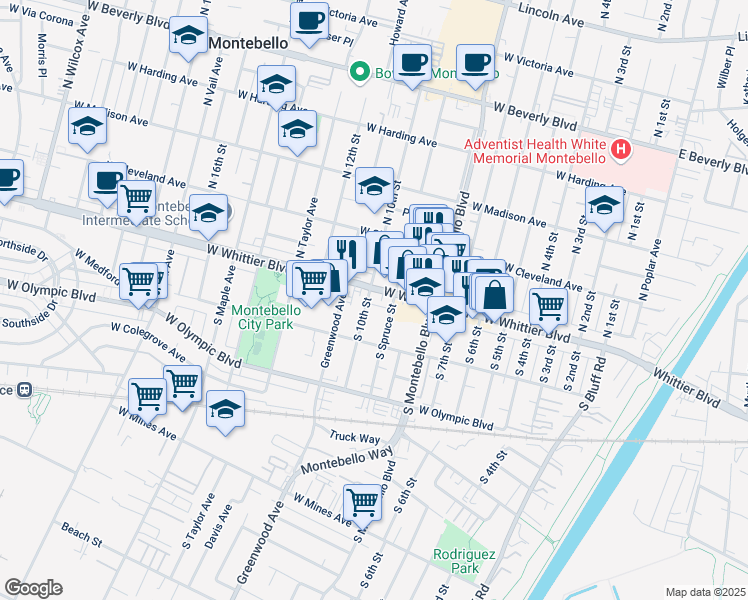 map of restaurants, bars, coffee shops, grocery stores, and more near 124 South Spruce Street in Montebello