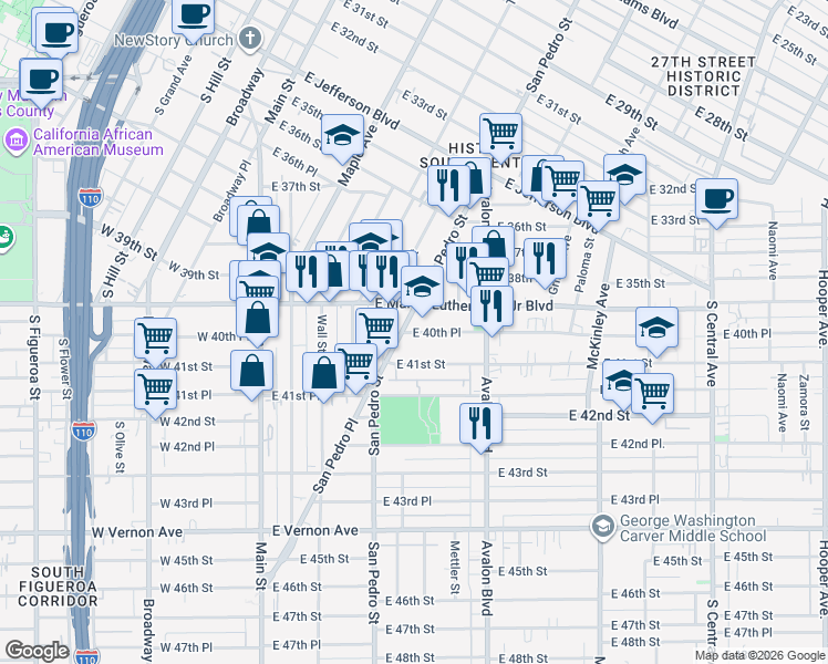 map of restaurants, bars, coffee shops, grocery stores, and more near 418 East 40th Place in Los Angeles