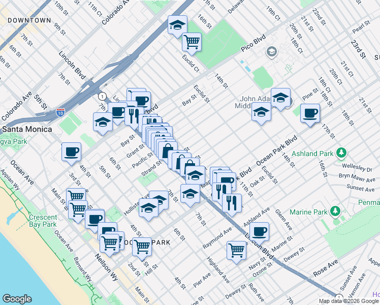 map of restaurants, bars, coffee shops, grocery stores, and more near 2301 10th Street in Santa Monica