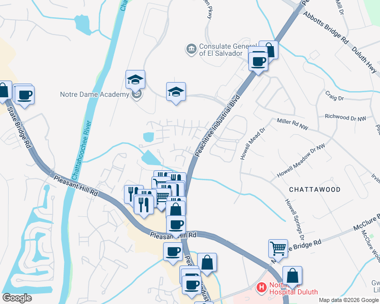 map of restaurants, bars, coffee shops, grocery stores, and more near 105 Brittany Court in Duluth