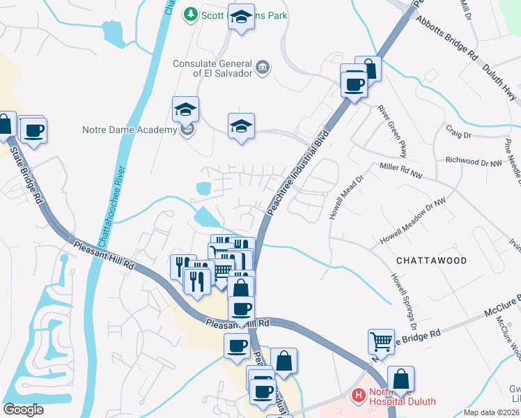 map of restaurants, bars, coffee shops, grocery stores, and more near 107 Brittany Court in Duluth