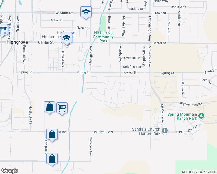 map of restaurants, bars, coffee shops, grocery stores, and more near 7616 Nectarsweet Drive in Riverside