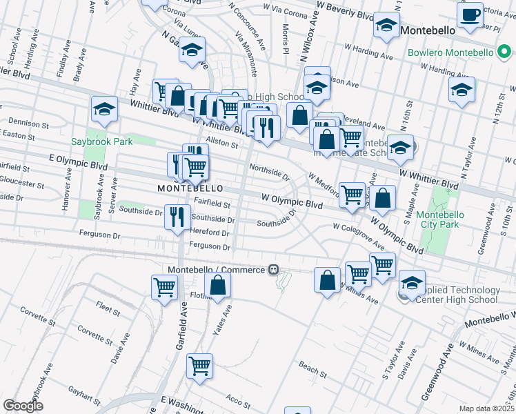 map of restaurants, bars, coffee shops, grocery stores, and more near 2200 Southside Drive in Montebello