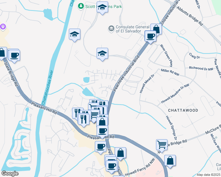 map of restaurants, bars, coffee shops, grocery stores, and more near 121 Brittany Court in Duluth