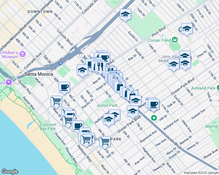 map of restaurants, bars, coffee shops, grocery stores, and more near 2120 Lincoln Boulevard in Santa Monica