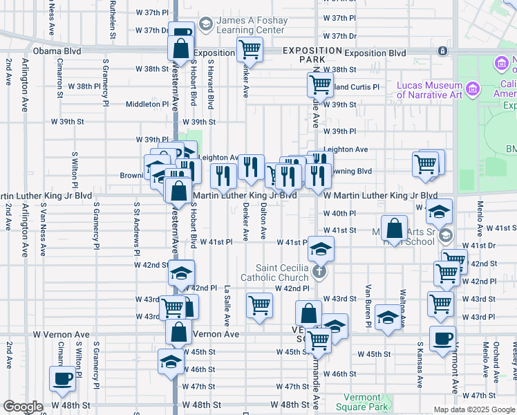 map of restaurants, bars, coffee shops, grocery stores, and more near 4047 Dalton Avenue in Los Angeles