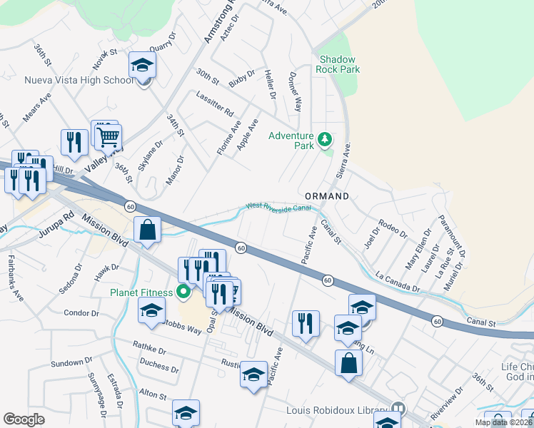 map of restaurants, bars, coffee shops, grocery stores, and more near 3351 Lakota Lane in Jurupa Valley