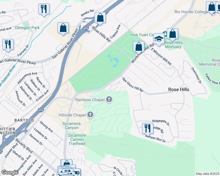 map of restaurants, bars, coffee shops, grocery stores, and more near 4512 Workman Mill Road in Whittier