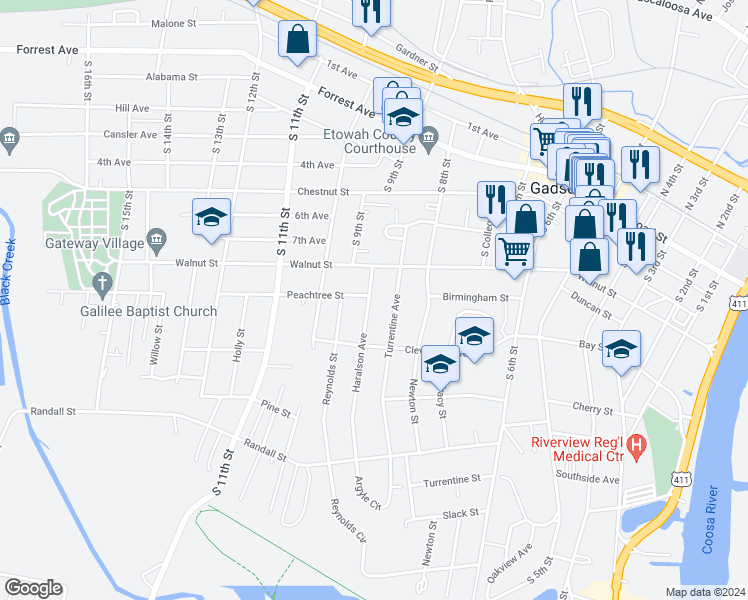 map of restaurants, bars, coffee shops, grocery stores, and more near 406 Haralson Avenue in Gadsden