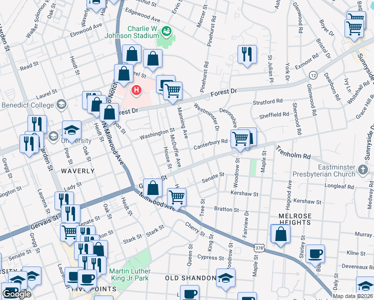 map of restaurants, bars, coffee shops, grocery stores, and more near 1309 Manning Avenue in Columbia