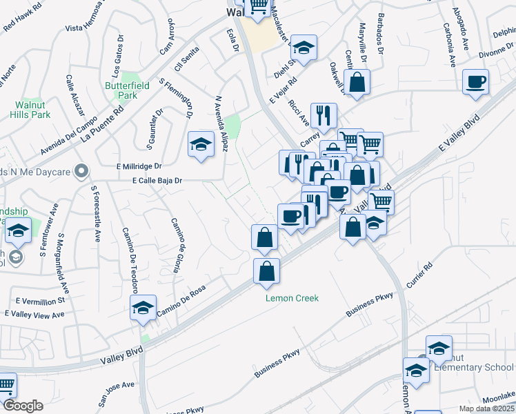 map of restaurants, bars, coffee shops, grocery stores, and more near 20111 East Roundtree Court in Walnut