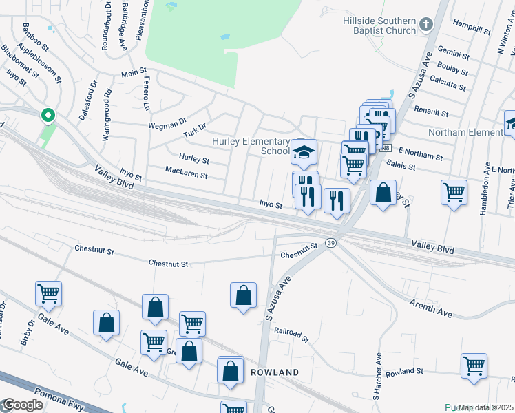 map of restaurants, bars, coffee shops, grocery stores, and more near 17108 Inyo Street in La Puente