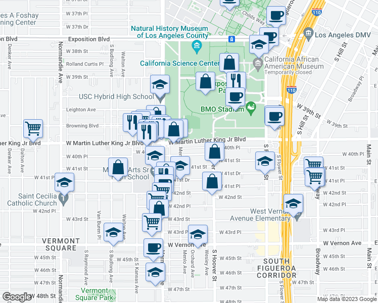 map of restaurants, bars, coffee shops, grocery stores, and more near 861 West 40th Place in Los Angeles