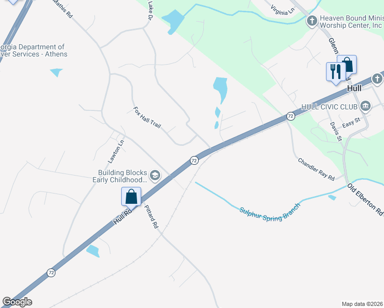 map of restaurants, bars, coffee shops, grocery stores, and more near 188 Fox Hall Trail in Athens