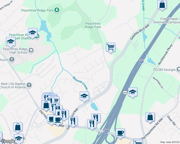 map of restaurants, bars, coffee shops, grocery stores, and more near 1419 Oglethorpe Drive in Suwanee