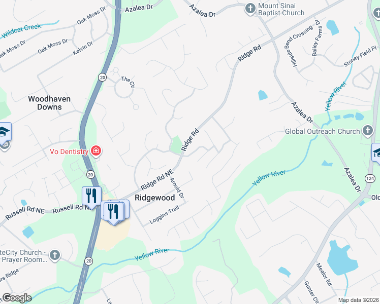 map of restaurants, bars, coffee shops, grocery stores, and more near 1465 Highland Oaks Way Northeast in Lawrenceville