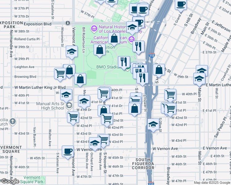 map of restaurants, bars, coffee shops, grocery stores, and more near 641 West 40th Place in Los Angeles