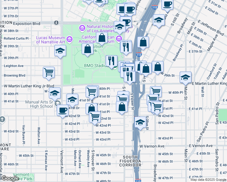 map of restaurants, bars, coffee shops, grocery stores, and more near 602 West 40th Place in Los Angeles