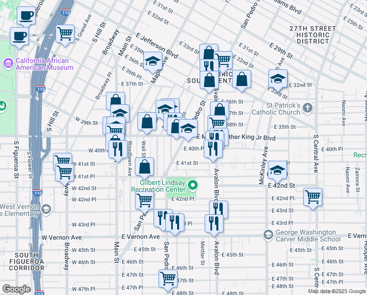 map of restaurants, bars, coffee shops, grocery stores, and more near 401 East 40th Place in Los Angeles