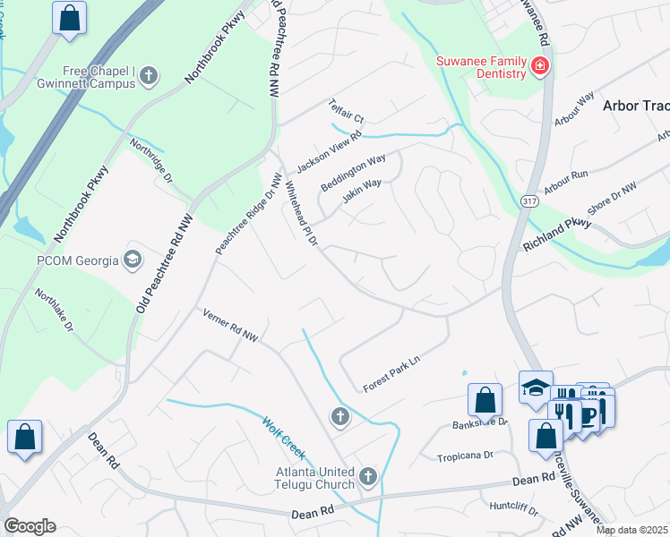 map of restaurants, bars, coffee shops, grocery stores, and more near 2500 Whitehead Place Drive in Suwanee