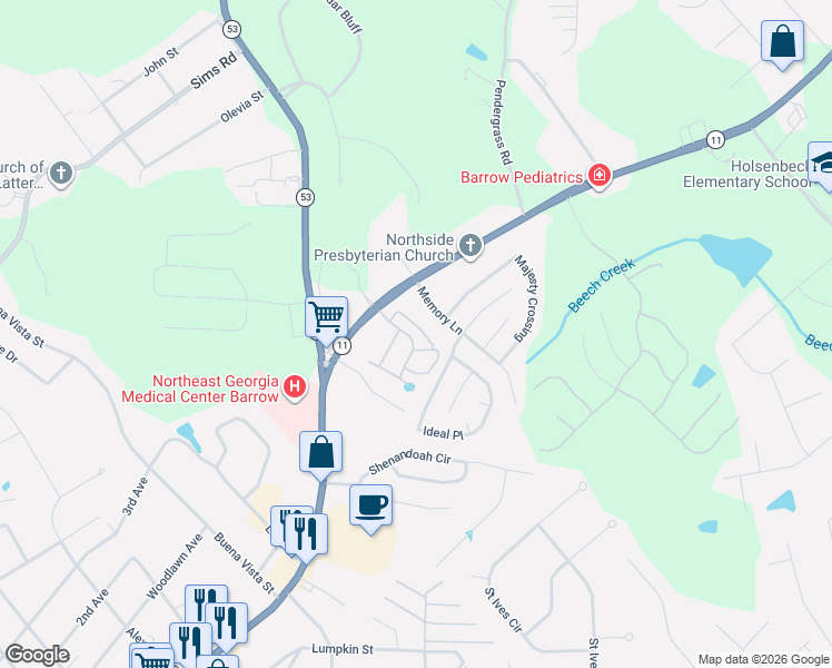 map of restaurants, bars, coffee shops, grocery stores, and more near 128 Wisteria Drive in Winder