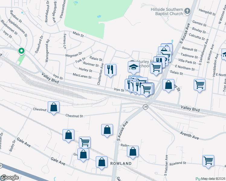 map of restaurants, bars, coffee shops, grocery stores, and more near 17108 Inyo Street in La Puente
