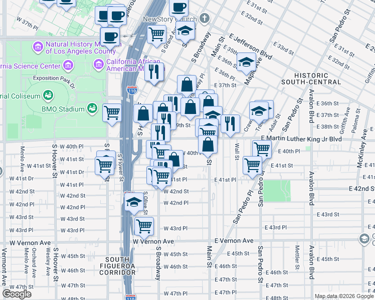 map of restaurants, bars, coffee shops, grocery stores, and more near 179 West 40th Place in Los Angeles
