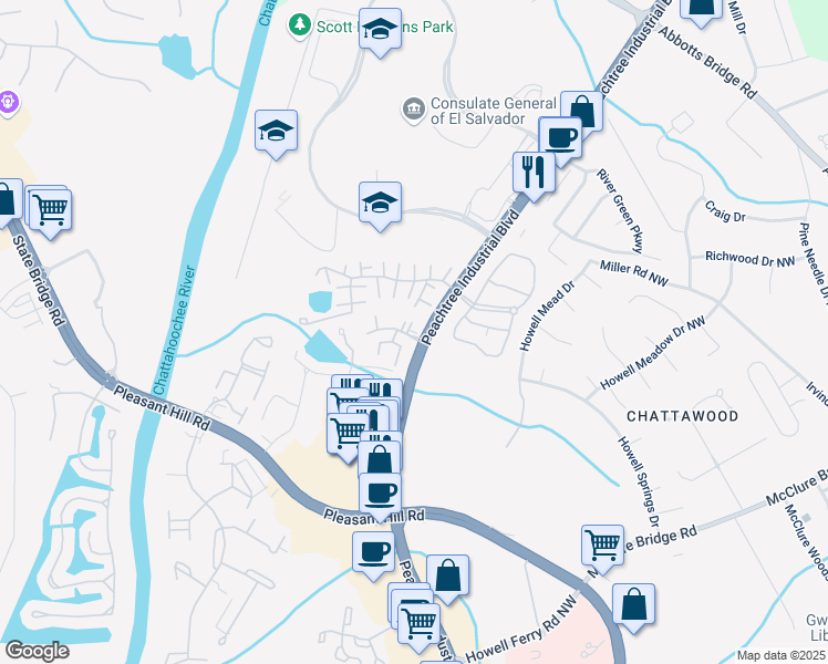 map of restaurants, bars, coffee shops, grocery stores, and more near 212 Brittany Court in Duluth