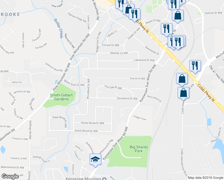 map of restaurants, bars, coffee shops, grocery stores, and more near 1206 Willow Court Northwest in Kennesaw