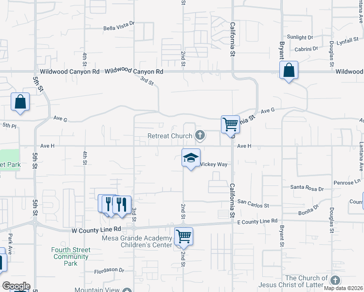 map of restaurants, bars, coffee shops, grocery stores, and more near 34891 Ave H in Yucaipa