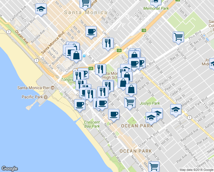 map of restaurants, bars, coffee shops, grocery stores, and more near 1847 4th Street in Santa Monica