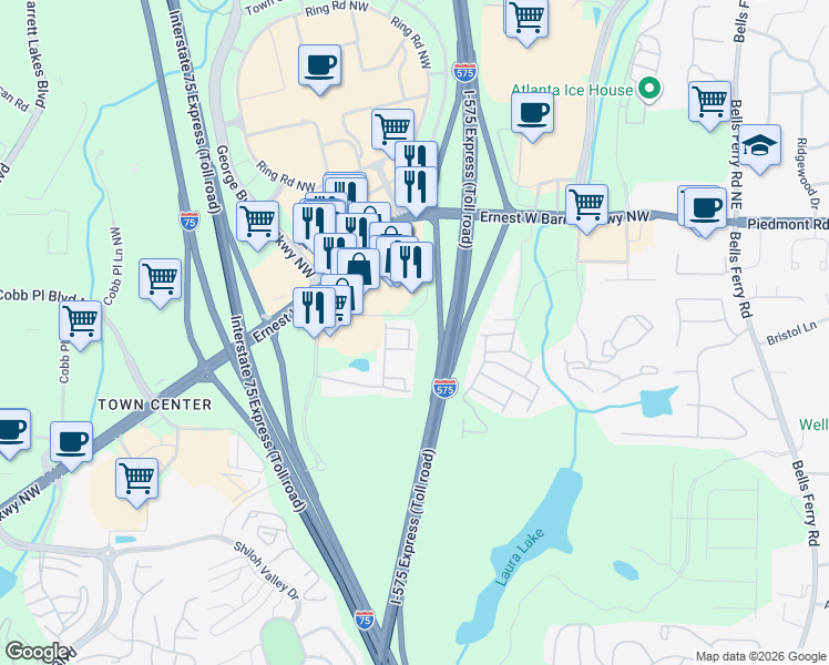 map of restaurants, bars, coffee shops, grocery stores, and more near 2401 Heritage Park Circle in Kennesaw