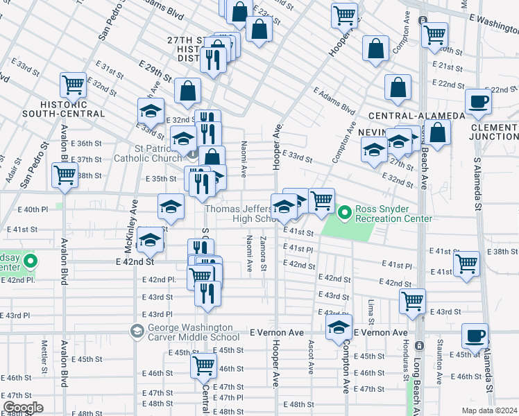 map of restaurants, bars, coffee shops, grocery stores, and more near 1280 East Martin Luther King Junior Boulevard in Los Angeles