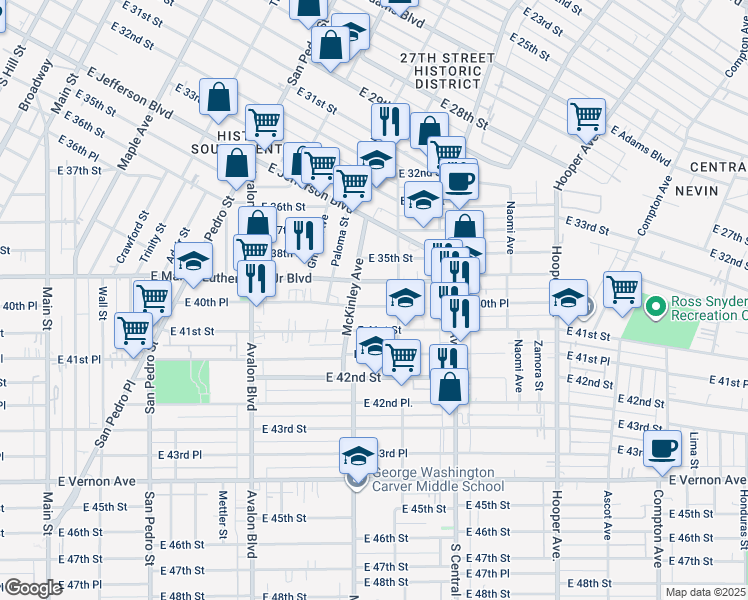 map of restaurants, bars, coffee shops, grocery stores, and more near 894 East Martin Luther King Junior Boulevard in Los Angeles