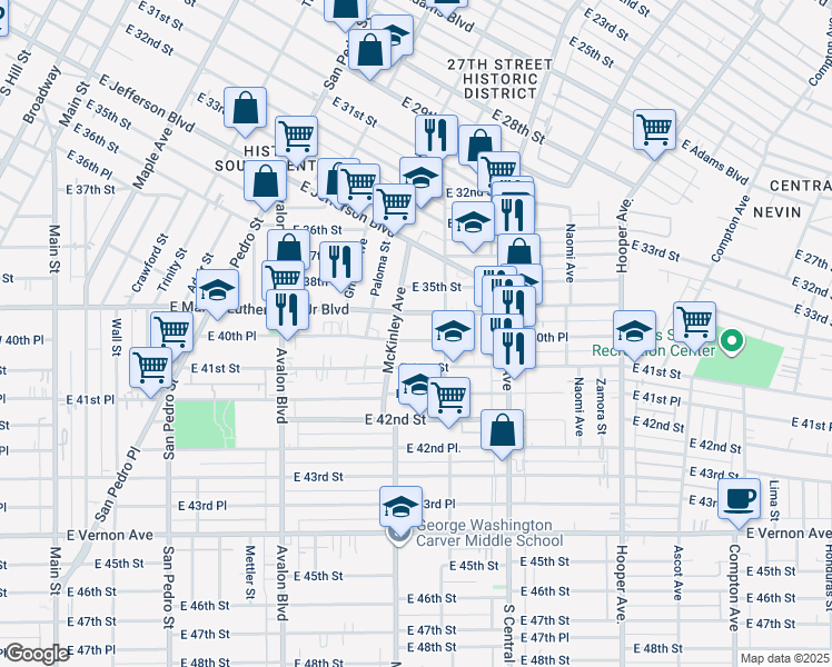 map of restaurants, bars, coffee shops, grocery stores, and more near 894 East Martin Luther King Junior Boulevard in Los Angeles