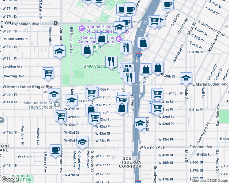 map of restaurants, bars, coffee shops, grocery stores, and more near 605 West Martin Luther King Junior Boulevard in Los Angeles